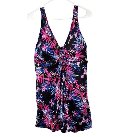 Swimsuits For All Twist Front V Neck Swimdress 20 Pink Purple Palm Print NWOT - Picture 1 of 8